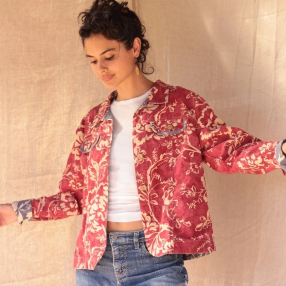 Coldwater Creek Red Denim Floral Jacket SZ L - Picture 1 of 8